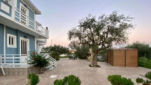 A courtyard with a large tree, potted plants, a building with a balcony, and a wooden structure.