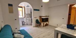 Een woonkamer met een bank, een eettafel, een open haard en een open keuken.