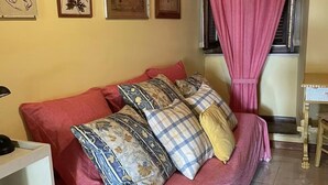 A cozy room with a sofa, pillows, framed botanical prints, a window with curtains, and a small wooden table.