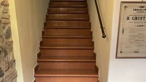 A staircase with wooden steps and metal handrails, leading to a higher floor.