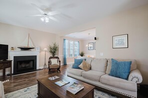 House, Multiple Beds, Patio, Garden View (Tide and Time Again) | Living area - Dogs Welcome! Adorable 3-bedroom Coastal Home in Historic Old Town Bluffton (Bluffton)