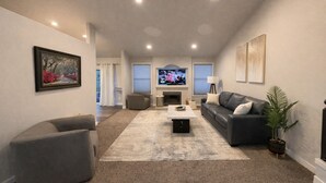 A living room with a fireplace, a television, and a sofa. - Entire Upper Level Home w/Fast Wi-Fi •20 Min SEA, Parking (Kent)
