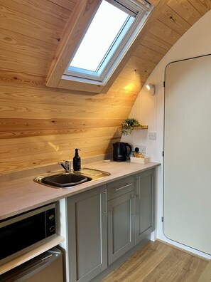 Fridge, microwave, electric kettle, toaster