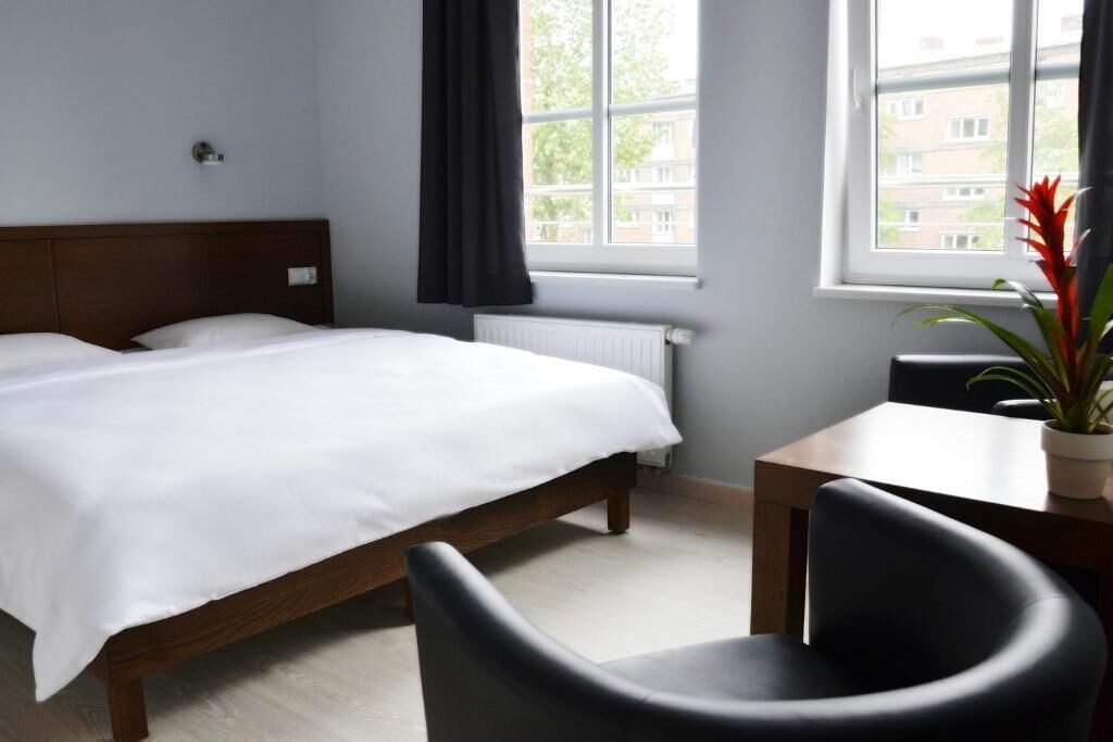 A hotel room with a bed, a chair, a table, a potted plant, and a window with a view of buildings.