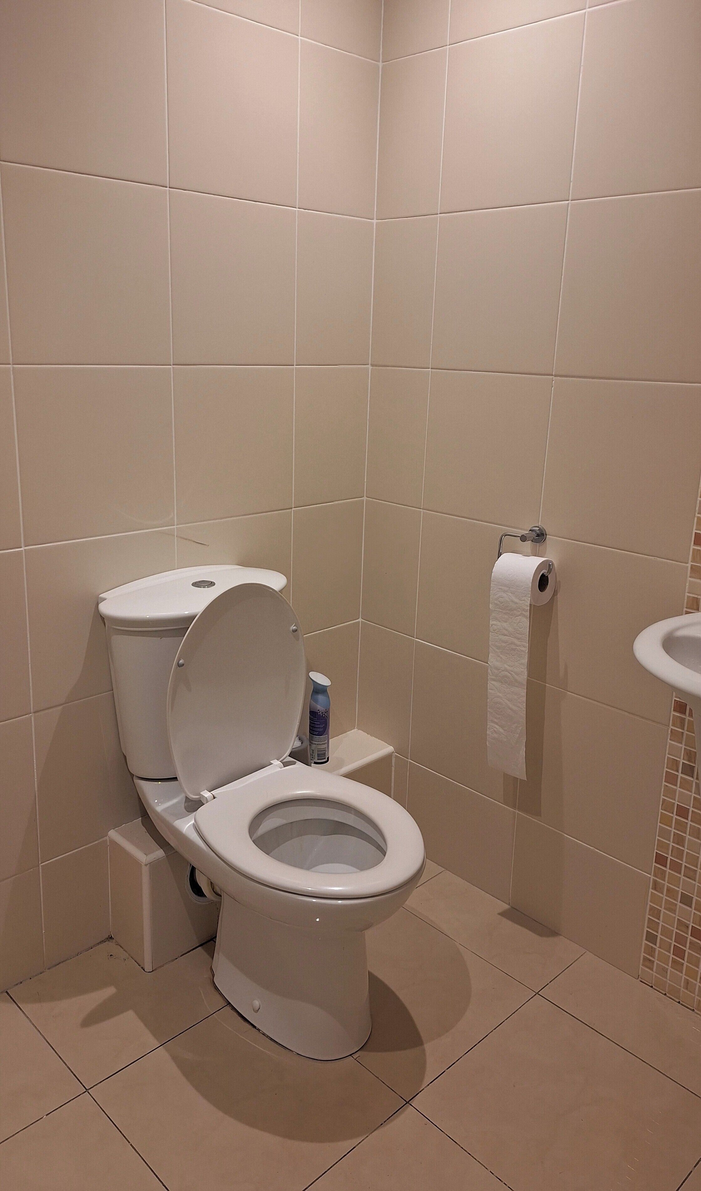 Une salle de bain avec des toilettes, un rouleau de papier toilette et un lavabo.