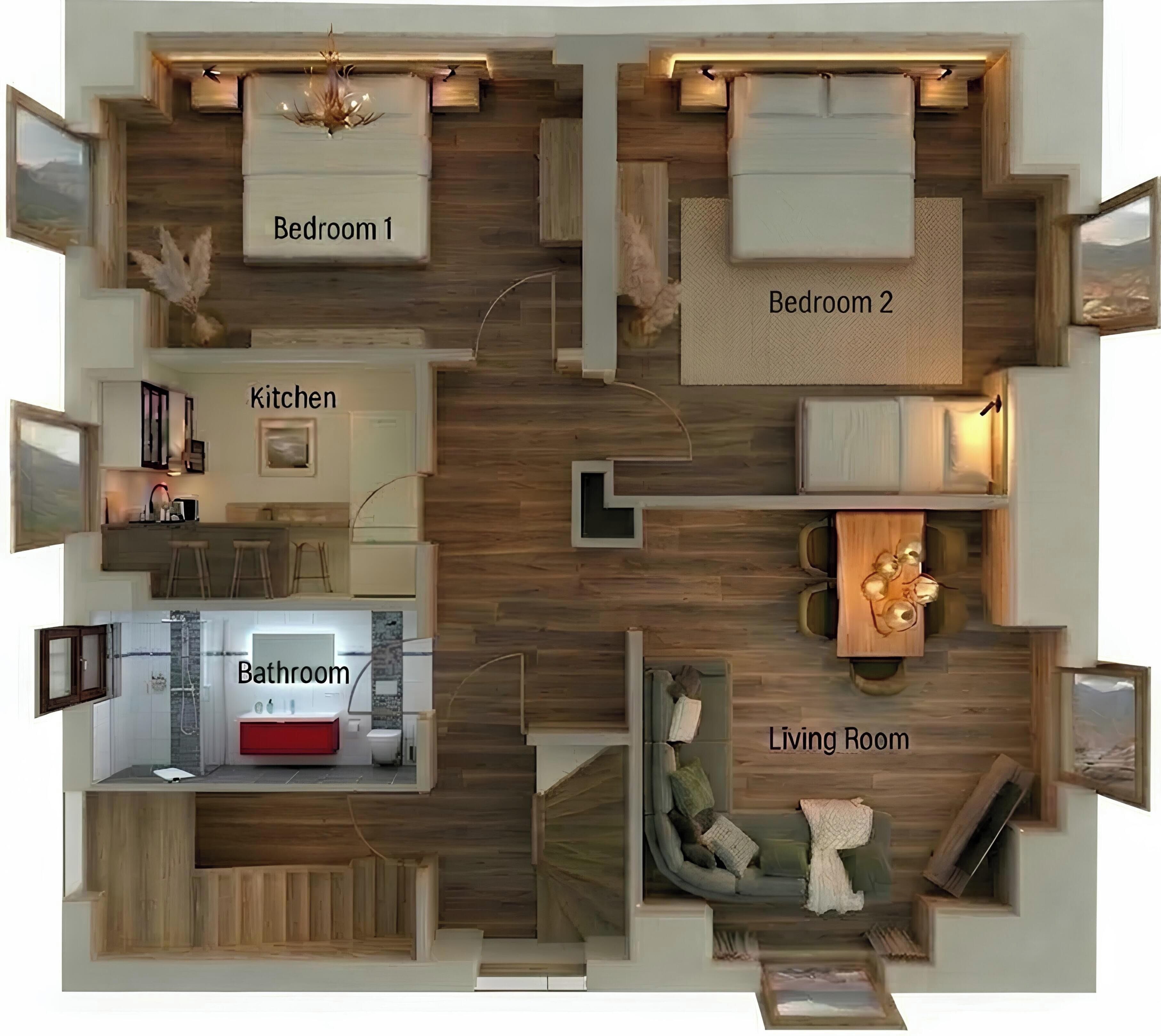 A floor plan with two bedrooms, a kitchen, a bathroom, and a living room.