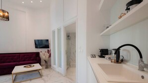 Een moderne woonkamer met een bank, salontafel en een televisie. Er is een keukenhoek met een spoelbak en waterkoker.