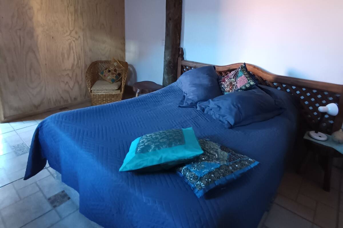Une chambre à coucher avec un lit, des oreillers, une table de chevet et une chaise.