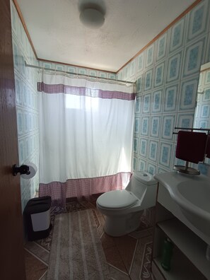 Un baño con inodoro, lavamanos, cortina de ducha y paredes con diseño.