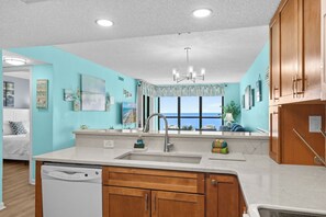 Fridge, microwave, oven, stovetop - Direct Oceanfront 3BR Condo, Walk to Main Street, Balcony Views Pool & Hot Tub (North Myrtle Beach)