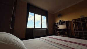 Un dormitorio con un ventanal grande, un radiador, una cama y una estantería.