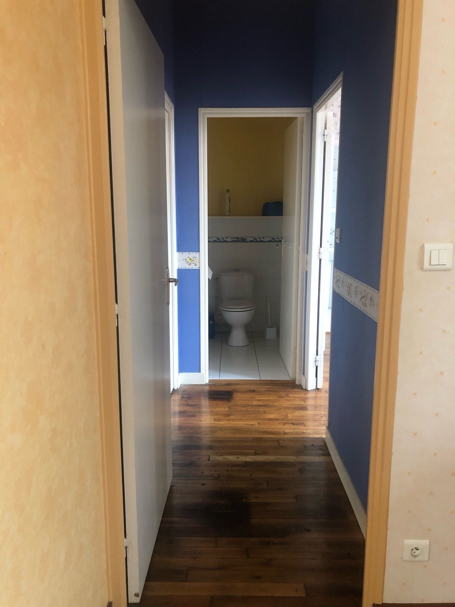 Un pasillo estrecho con piso de madera que lleva a un baño con inodoro y lavamanos.