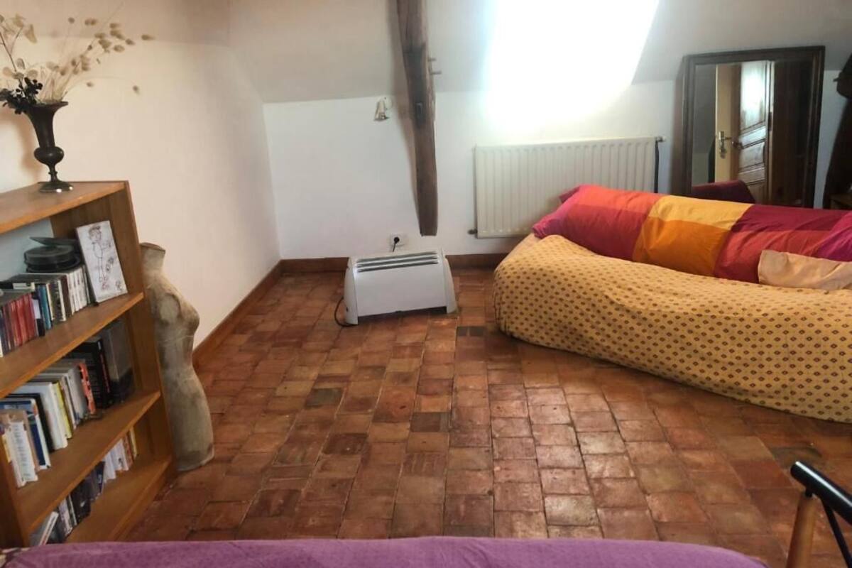 A bedroom with a bed, a radiator, a heater, a bookshelf, and a window.
