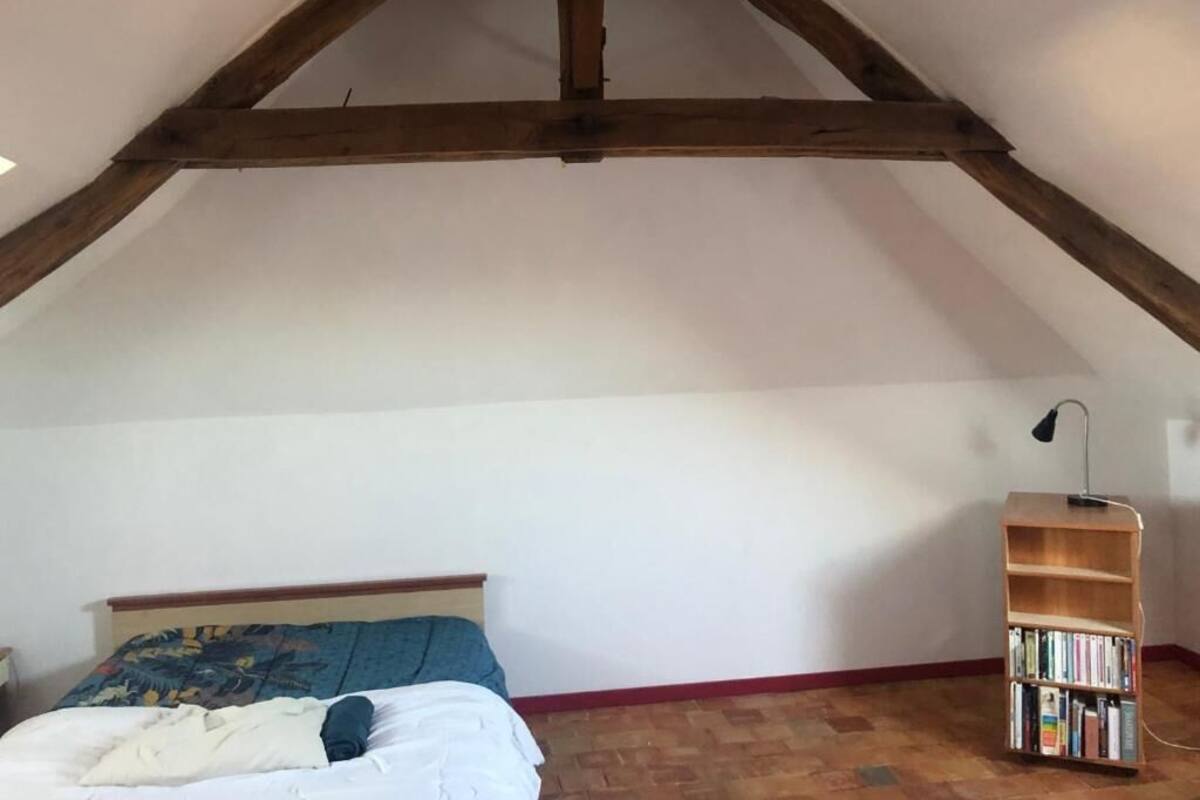 A bedroom with a sloped ceiling, a bed, a bookshelf, and a desk lamp.