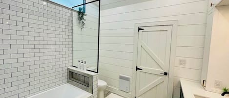 Hair dryer, towels, soap, toilet paper
