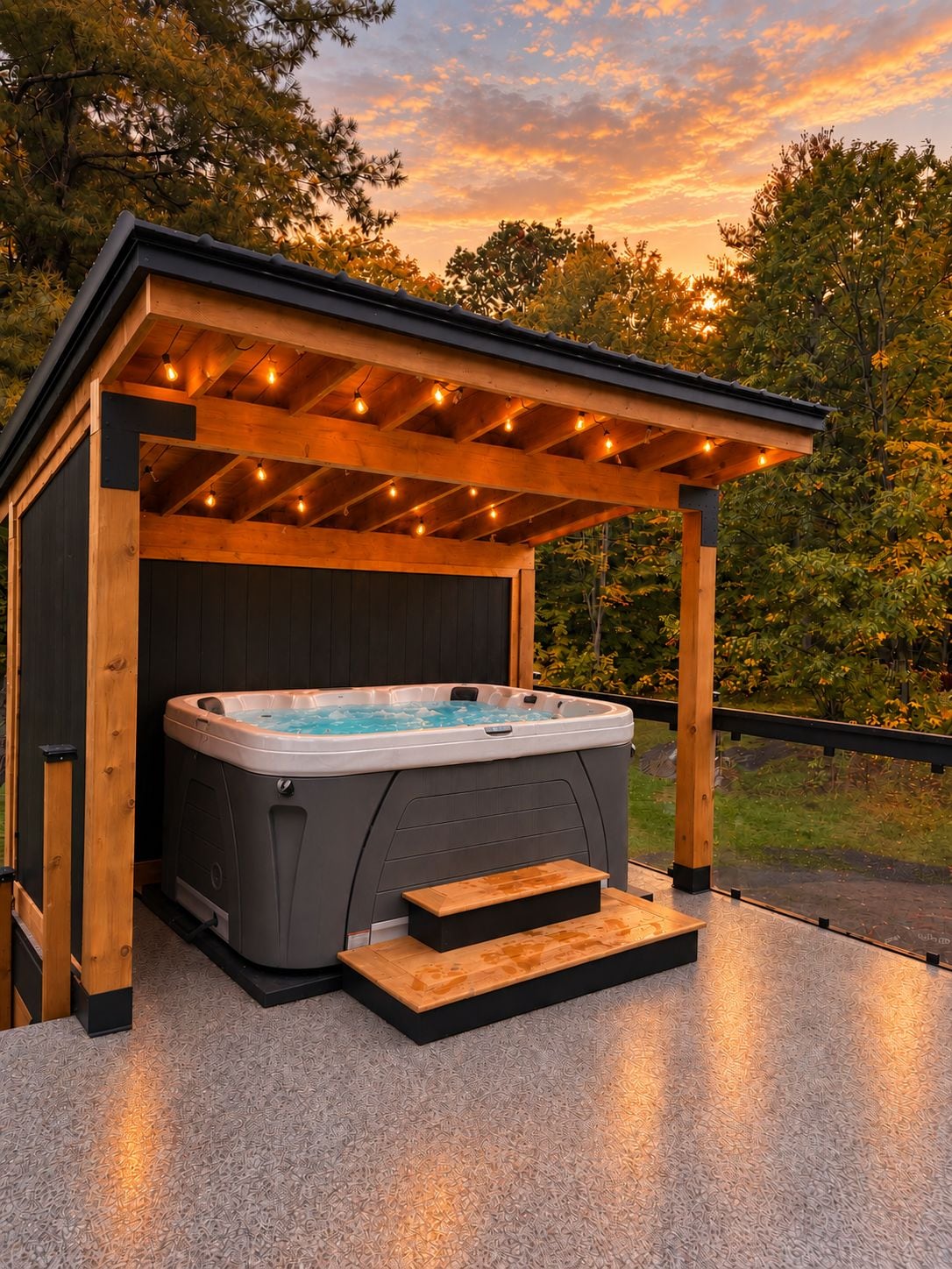 A hot tub under a wooden pergola with steps leading up to it, surrounded by trees.