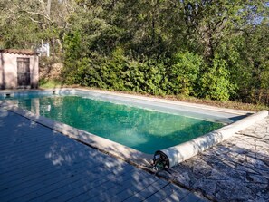 A rectangular swimming pool with clear water, surrounded by a stone deck and dense greenery.