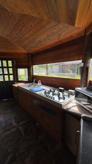 Una cocina con paredes de madera, estufa a gas, lavamanos y ventana con vista a un patio.