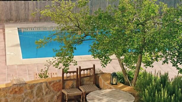 Ein Schwimmbecken mit Holzterrasse, Steinmauer und einem Baum, der Schatten spendet.