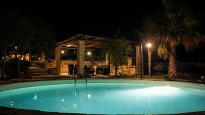 En swimmingpool med stendæk, overdækket siddeområde og palmer.