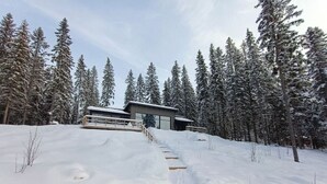 A modern house with a snow-covered landscape, wooden steps leading to the entrance, and tall evergreen trees in the background.