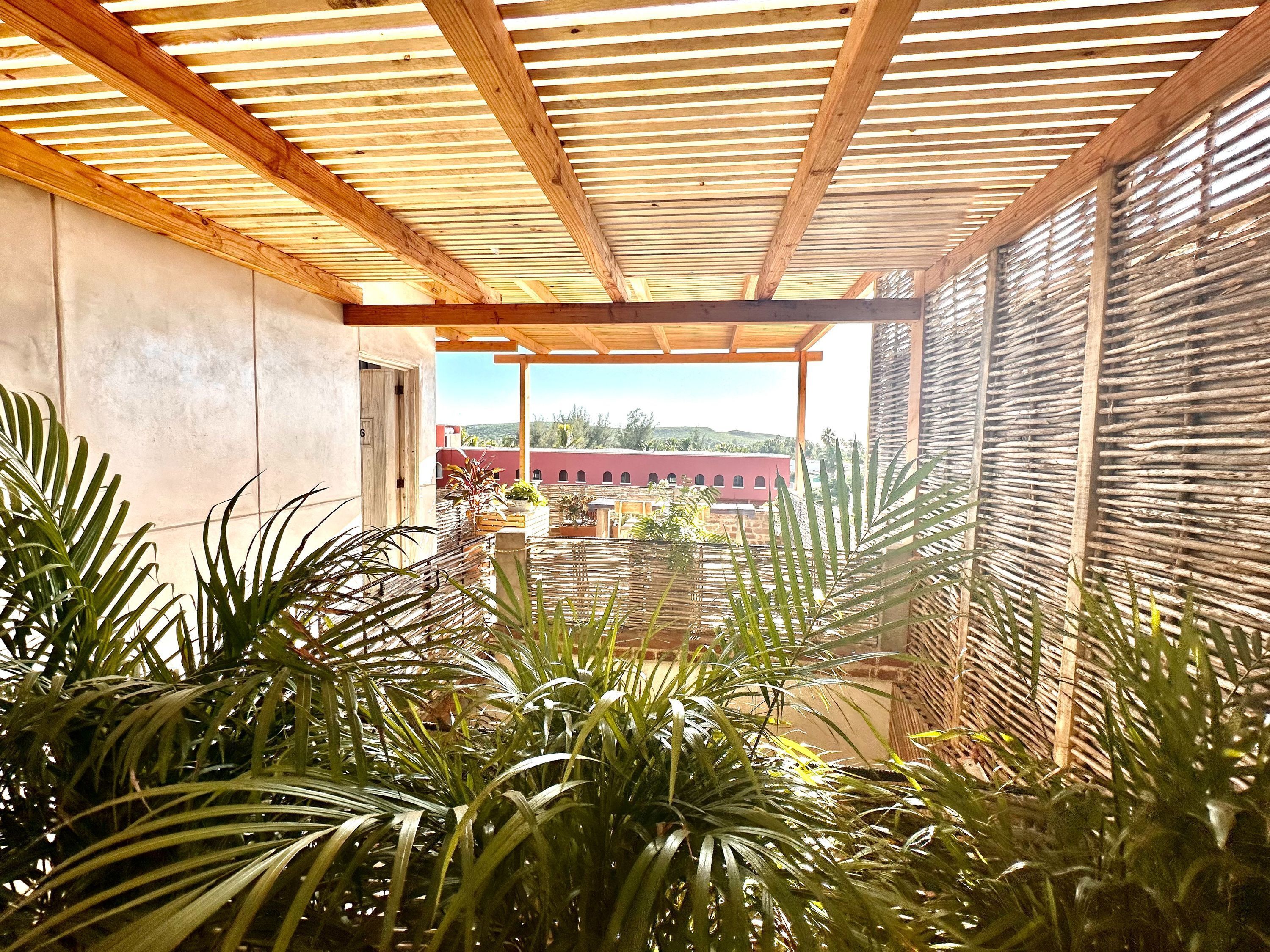 A covered outdoor area with wooden beams, potted plants, and a view of a red building in the background.