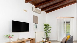Ein modernes Wohnzimmer mit Holzboden, einem Flachbildfernseher, einer Couch, einem Couchtisch und einer Topfpflanze.