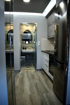 A modern kitchen with a stainless steel refrigerator, white cabinets, and a glass partition. - D A Luxury Suite Jacuzzi (Malevizi)