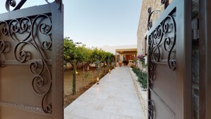 A pathway leading to a building with a wrought iron gate, a vineyard, and a stone wall. - Cretan Rhapsody Villa With Private Yard (Faistos)