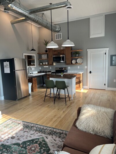Unwind at De Jean Loft above Kickapoo Hardware in downtown La Farge!