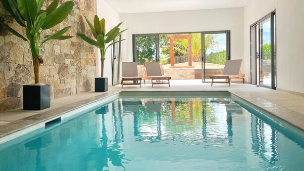 Una piscina interior con dos sillones de descanso y plantas en macetas.