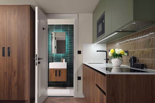 Mini-fridge, microwave, stovetop, dishwasher