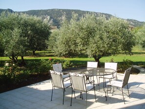 Outdoor dining - Danie, house of olive trees and view of the Luberon (Maubec)
