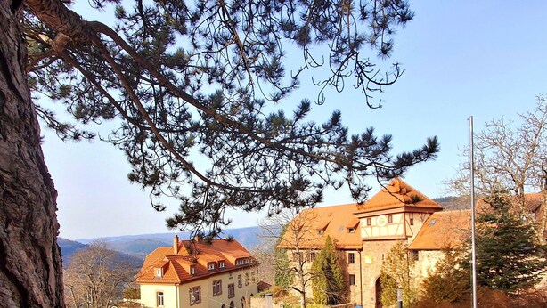 A traditional building with a stone facade, a central courtyard, and a view of the surrounding landscape. - Holiday Home 'Charming' with Shared Terrace and Wi-Fi (Neckargemünd)