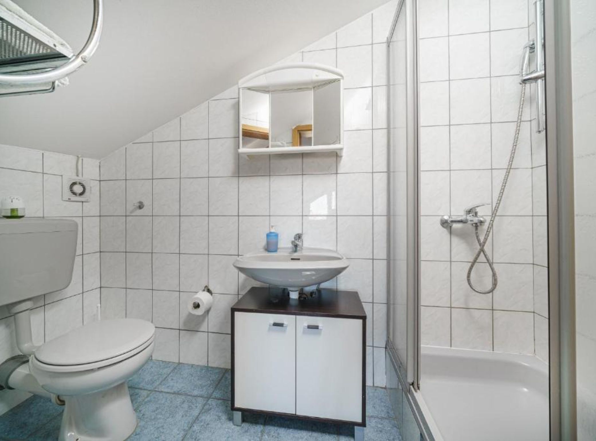 Een badkamer met toilet, wastafel, spiegel, douche en kast.
