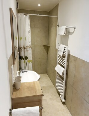 Shower, hair dryer, towels