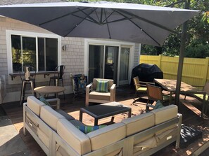 Outdoor dining - 2-bedroom condo in best part of Provincetown, amazing private outdoor spaces (Provincetown)