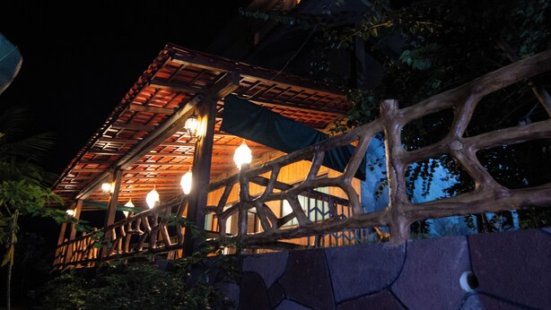 Une structure en bois dotée d’un toit et de luminaires suspendus, entourée de verdure.