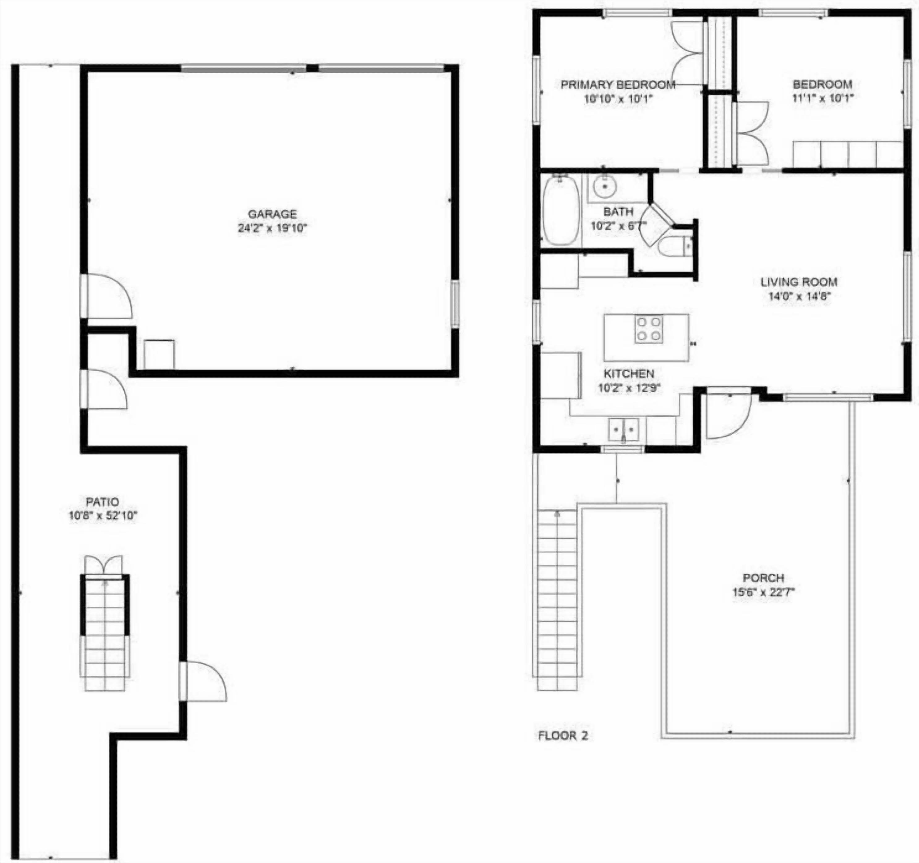 Plano de planta que muestra un garaje, patio, habitación principal, baño, cocina, sala de estar y porche.