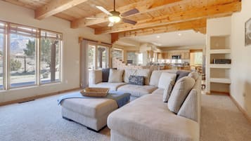TV, fireplace, books, stereo