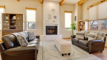 TV, fireplace, books, stereo