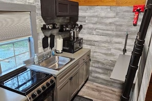 A kitchen with a stove, sink, microwave, and cabinets. - The Cozy Cove Cabin, in Townville, on Lake Hartwell. (Townville)