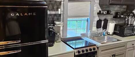 Una cocina con un refrigerador Galanz negro, una estufa, un horno, un microondas y un lavamanos.