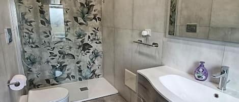 Chambre supérieure double, vue sur le jardin | Salle de bain | Douche, articles de toilette (gratuits), séchoir à cheveux
