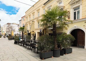 A street with outdoor seating, palm trees, and buildings with classical architecture. - Limehome Wels Ringstraße (Wels)