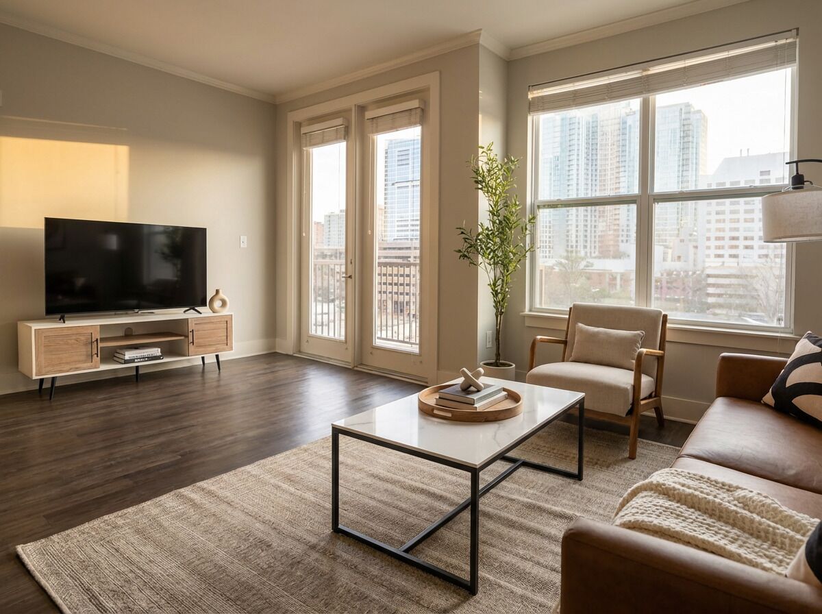 Un salon moderne doté d’un téléviseur à écran plat, d’une table basse, d’un canapé et d’une grande fenêtre offrant une vue sur la ville.