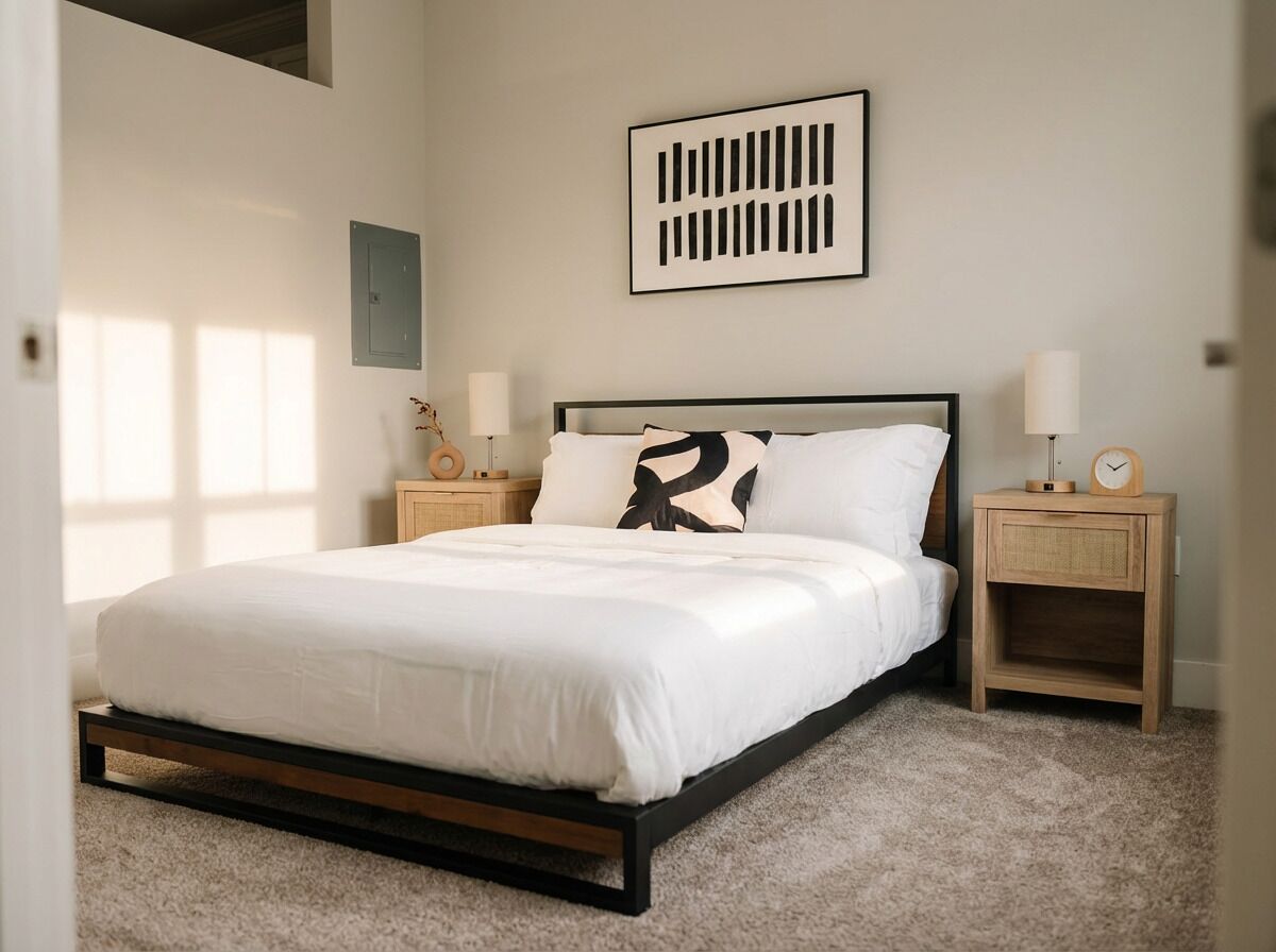 Une chambre à coucher comprenant un lit, deux tables de chevet, une œuvre d’art accrochée au mur et une petite horloge.