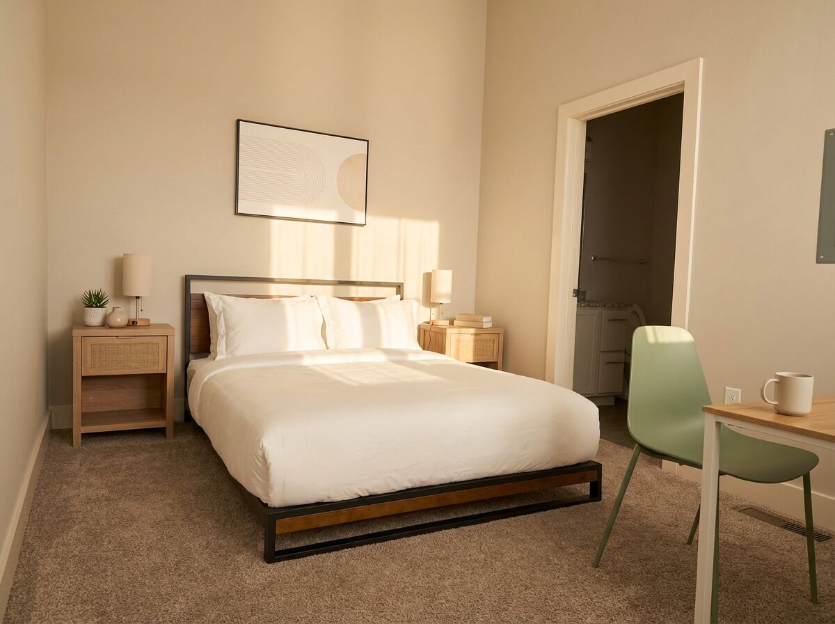 Un dormitorio con cama, mesitas de noche, un escritorio y una silla.