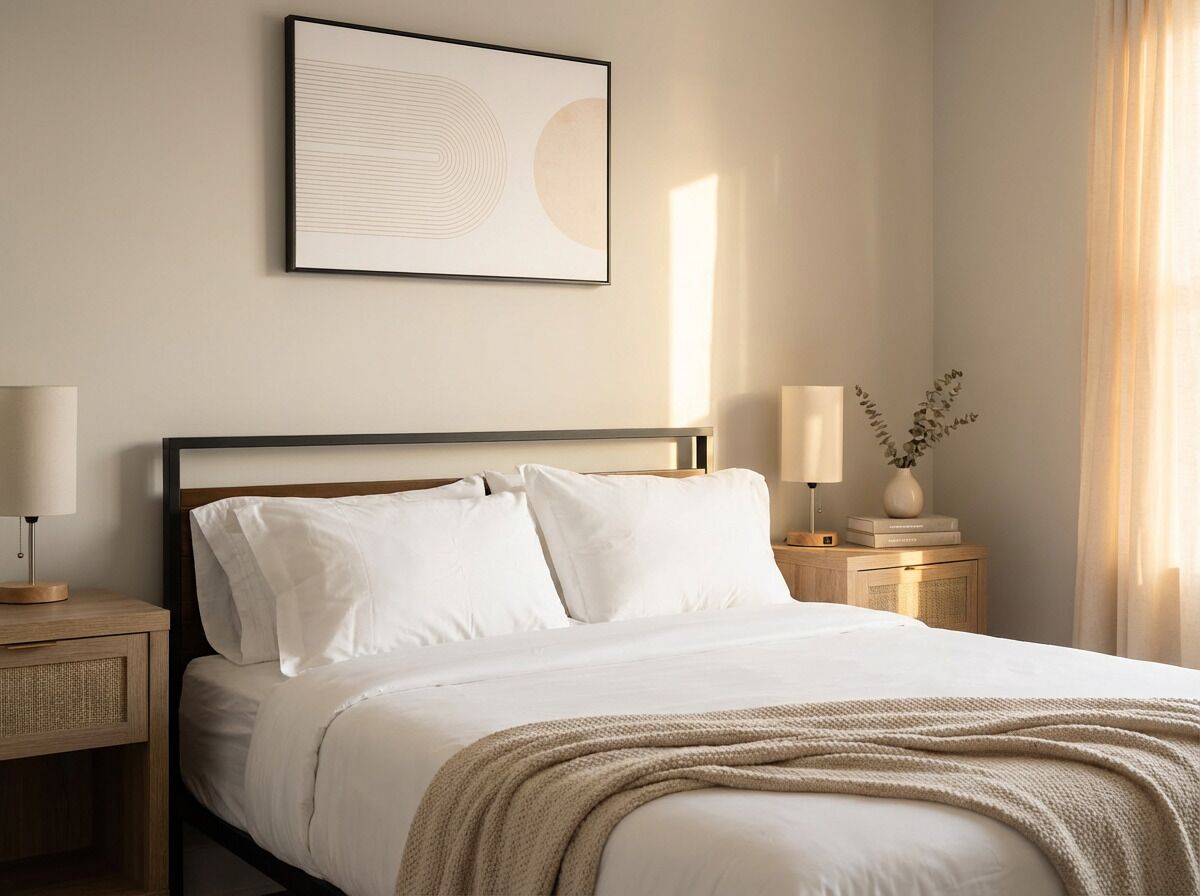 Una cama bien hecha con sábanas blancas, cabecera de madera y mesita de noche con lámpara.