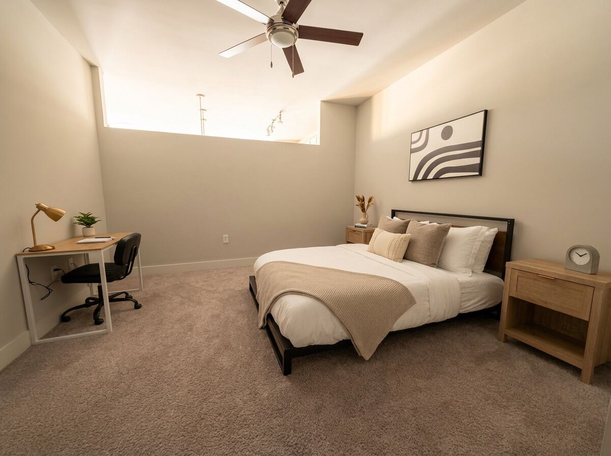 Un dormitorio con cama, escritorio, silla, mesita de noche y ventilador de techo.